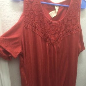 Coral colored cold shoulder blouse shirt top